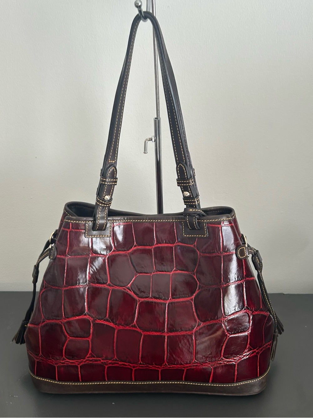 Dooney & Bourke Burgundy Croc Embossed Leather Large Tassel Shoulder Tote - Picture 9 of 15